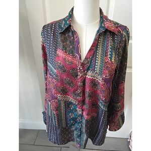 Masala Womens Medium Paisley Patchwork Print Button Down Blouse Long Sleeve Teal